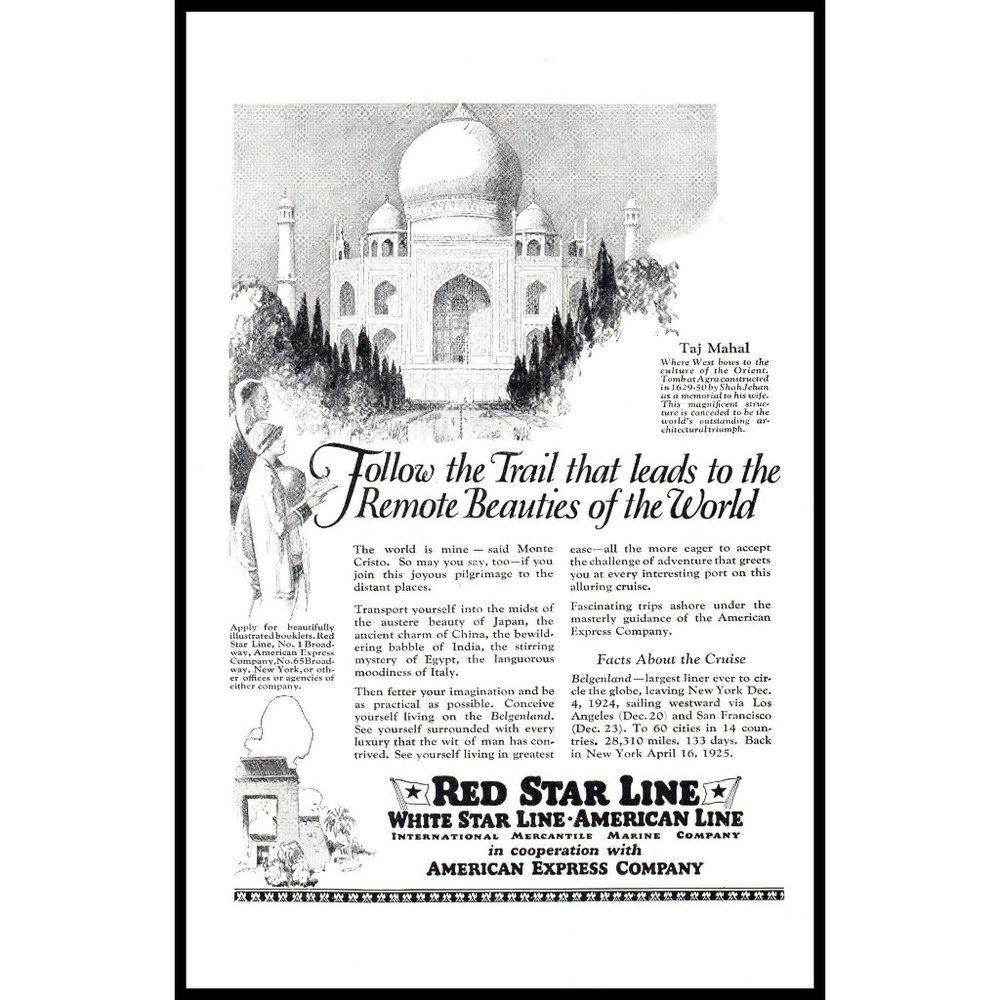 1924 Red Star Line Cruise Line Vintage Print Ad Taj Mahal India Wall Art Photo